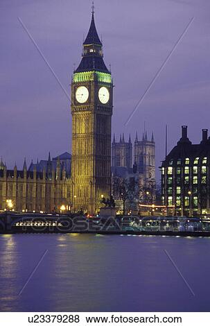 Stock Photo -  London, England, Great Britain, United Kingdom, Europe, Big Ben in Westminster along the River Thames in the evening. . Fotosearch