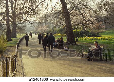 Stock Photograph -  London, England, Great Britain, United Kingdom, Europe, People enjoying a nice day at St. James Park in the spring.. Fotosearch