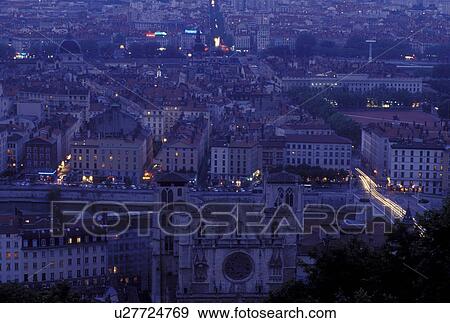 Lyon, France, Rhone-Alpes, Europe, Aerial view of downtown Lyon from Fourviere Hill in the evening. View Large Photo Image Stock Photo - Lyon, France, Rhone-Alpes, Europe, Aerial view of downtown Lyon from Fourviere Hill in the evening.. Fotosearch