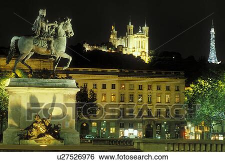 Lyon, Rhone-Alpes, France, Europe, Louis XIV statue illuminated at night in Place Bellecour in downtown Lyon. View Large Photo Image Stock Photograph - Lyon, Rhone-Alpes, France, Europe, Louis XIV statue illuminated at night in Place Bellecour in downtown Lyon.. Fotosearch