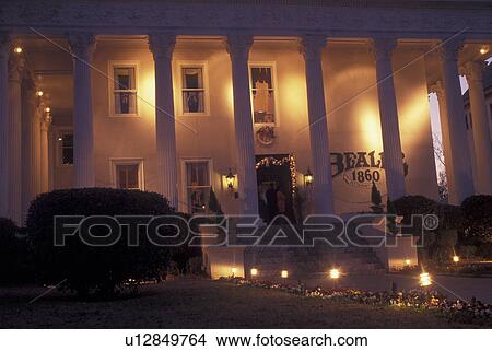 Picture -  Macon, GA, Georgia, Historic Macon, Beall's 1860 Restaurant, Greek Revival Mansion, evening. Fotosearch