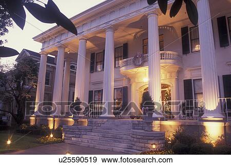 Stock Photo -  Macon, GA, Georgia, Historic Macon, 1842 Inn, Greek Revival House, evening. Fotosearch