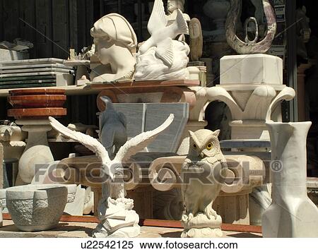 Stock Photography -  marble, Tuscany, Italy, Carrara, Toscana, Europe, Sculptures and crafts made of white marble by Monfroni from Carrara.. Fotosearch