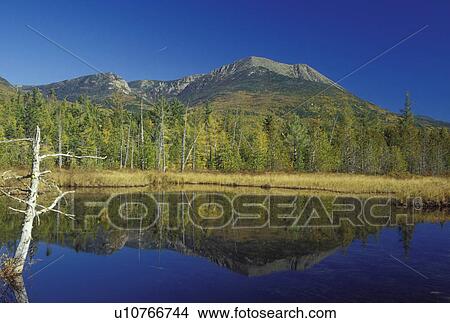 Picture -  ME, Maine, Baxter State Park, Scenic view of Mt. Katahdin from Grassy Pond in Baxter State Park in the fall. . Fotosearch