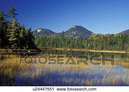 ME, Maine, Baxter State Park, Scenic view of Double Top Mountain from Elbow Pond in Baxter State Park in the fall. View Large Photo Image Stock Image - ME, Maine, Baxter State Park, Scenic view of Double Top Mountain from Elbow Pond in Baxter State Park in the fall. . Fotosearch