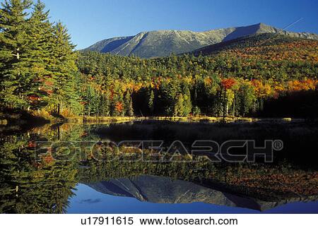 ME, Maine, Baxter State Park, Scenic view of Mt. Katahdin reflecting in the calm waters of Abol Pond in Baxter State Park in the fall. View Large Photo Image Stock Photography - ME, Maine, Baxter State Park, Scenic view of Mt. Katahdin reflecting in the calm waters of Abol Pond in Baxter State Park in the fall. . Fotosearch
