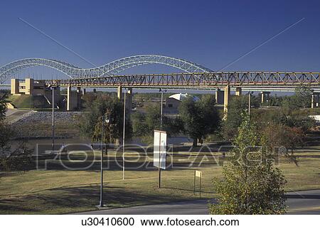 Stock Image -  Memphis, TN, Tennessee, Bridge to Mud Island, Mississippi River. Fotosearch
