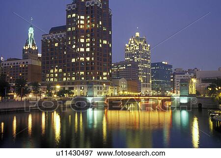 Milwaukee, WI, Wisconsin, Milwaukee River, downtown, skyline, evening View Large Photo Image Stock Photo - Milwaukee, WI, Wisconsin, Milwaukee River, downtown, skyline, evening. Fotosearch