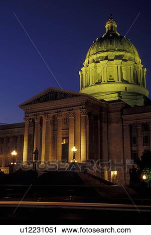 Stock Image -  MO, Missouri, Jefferson City, Missouri State Capitol, State House, evening. Fotosearch
