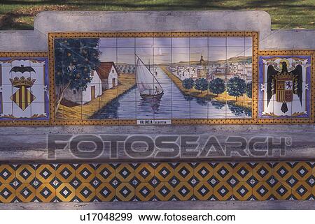 Mobile, AL, Alabama, Spanish Plaza, bench made of decorated ceramic tiles View Large Photo Image Stock Photo - Mobile, AL, Alabama, Spanish Plaza, bench made of decorated ceramic tiles. Fotosearch
