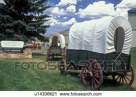 Stock Image -  Montpelier, ID, Idaho, The National Oregon/California Trail Center, covered wagon. Fotosearch