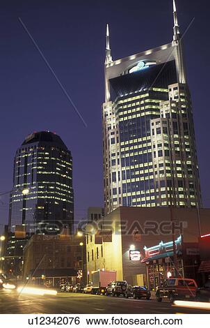 Stock Photograph -  Nashville, TN, Tennessee, downtown, South Central Bell Building, high-rise, evening. Fotosearch