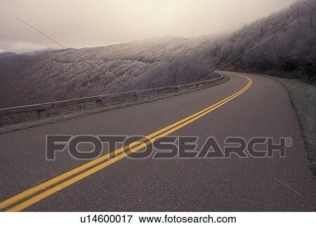 Stock Photo -  NC, North Carolina, Blue Ridge Parkway, mountains, fall, frost, ice on trees, road. Fotosearch