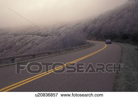 Stock Photo -  NC, North Carolina, Blue Ridge Parkway, mountains, fall, frost, ice on trees, road. Fotosearch