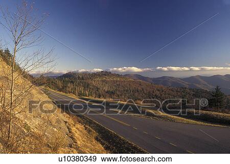 Stock Photo -  NC, North Carolina, Highest elevation on the Blue Ridge Parkway (6053 feet), mountains, fall, road. Fotosearch