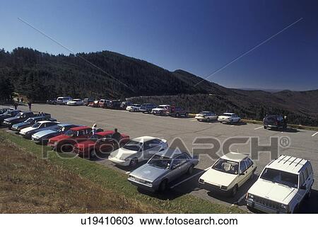 Stock Image -  NC, North Carolina, Mt. Mitchell (6684 feet), highest point east of the Mississippi River, parking area, mountains. Fotosearch