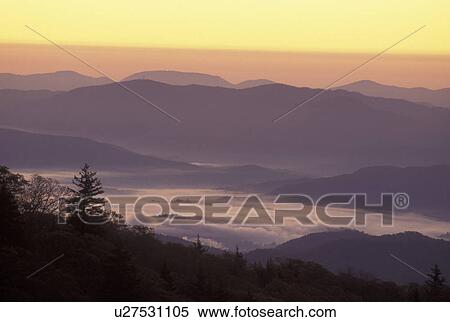 Stock Photography -  NC, North Carolina, Pisgah National Forest, mountains, sunrise, fog. Fotosearch