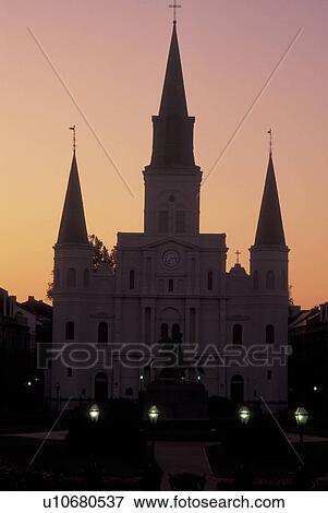 Stock Photo -  New Orleans, LA, Louisiana, French Quarter, Jackson Square, St. Louis Cathedral, evening. Fotosearch