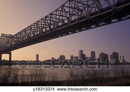 Picture -  New Orleans, LA, Louisiana, Mississippi River, Greater New Orleans Bridge, skyline. Fotosearch
