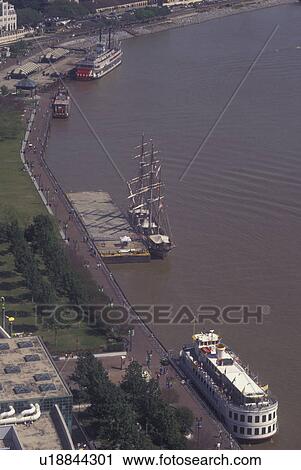 Stock Image -  New Orleans, LA, Louisiana, Mississippi River, Aerial view of the Riverfront. Fotosearch