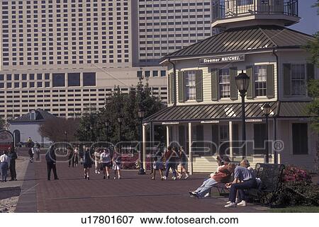 Stock Photo -  New Orleans, LA, Louisiana, Mississippi River, Ticket office at Riverboat Docks. Fotosearch