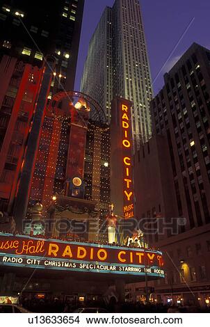 New York City, NY, New York, downtown, Radio City Music Hall, Christmas Spectacular, neon lights, evening View Large Photo Image Picture - New York City, NY, New York, downtown, Radio City Music Hall, Christmas Spectacular, neon lights, evening. Fotosearch