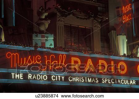 New York City, NY, New York, downtown, Radio City Music Hall, Christmas Spectacular, neon lights, evening View Large Photo Image Picture - New York City, NY, New York, downtown, Radio City Music Hall, Christmas Spectacular, neon lights, evening. Fotosearch