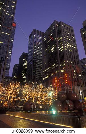 New York City, NY, New York, downtown, Christmas lights & decorations, fountain, evening View Large Photo Image Stock Photo - New York City, NY, New York, downtown, Christmas lights & decorations, fountain, evening. Fotosearch