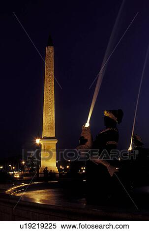 Stock Photography -  obelisk, Paris, Ile de France, France, Europe, The Obelisque and fountain at Place de la Concorde in the city of Paris in the evening.. Fotosearch
