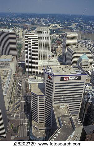Stock Photo -  OH, Cincinnati, Ohio, Aerial view of downtown Cincinnati from Carew Tower. Fotosearch