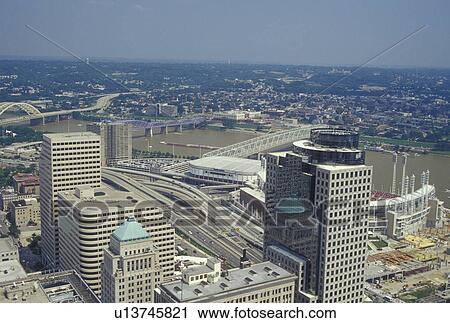Stock Image -  OH, Ohio, Cincinnati, Aerial view of downtown Cincinnati from Carew Tower. Fotosearch