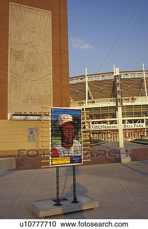 Stock Image -  Ohio, Cincinnati, OH, Great American Ball Park, Frank Robatson, Batsincredible sculptures, baseball stadium. Fotosearch