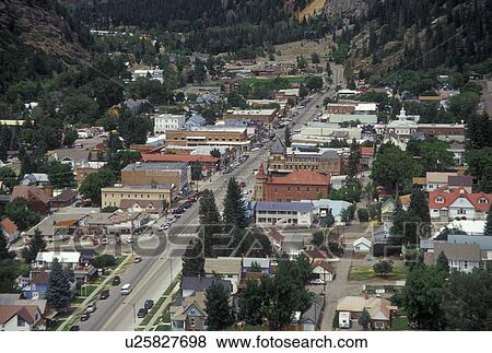 Stock Photo -  Ouray, CO, Colorado, San Juan National Forest, San Juan Mountains, Aerial of the town of Ouray. Fotosearch