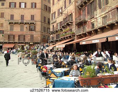 Stock Photography -  outdoor cafT, Tuscany, Italy, Siena, Toscana, Europe, Outdoor cafTs in Piazza del Campo in the city of Siena.. Fotosearch