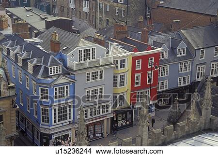 Picture -  Oxford, England, Great Britain, United Kingdom, Europe, View of buildings along High Street from St. Mary the Virgin in downtown Oxford, Britain's oldest university town.. Fotosearch