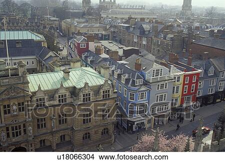 Picture -  Oxford, England, Great Britain, United Kingdom, Europe, View of buildings along High Street from St. Mary the Virgin in downtown Oxford, Britain's oldest university town.. Fotosearch