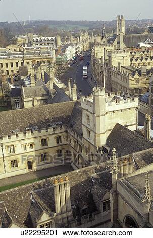 Stock Image -  Oxford, England, Great Britain, United Kingdom, Europe, View of High Street and All Souls College from St. Mary the Virgin in downtown Oxford, Britain's oldest university town.. Fotosearch