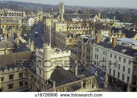 Stock Photograph -  Oxford, England, Great Britain, United Kingdom, Europe, View of High Street and All Souls College from St. Mary the Virgin in downtown Oxford, Britain's oldest university town.. Fotosearch