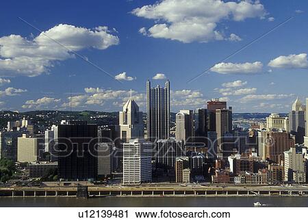 Stock Image -  PA, Pennsylvania, Pittsburgh, downtown, skyline, Monongahela River. Fotosearch