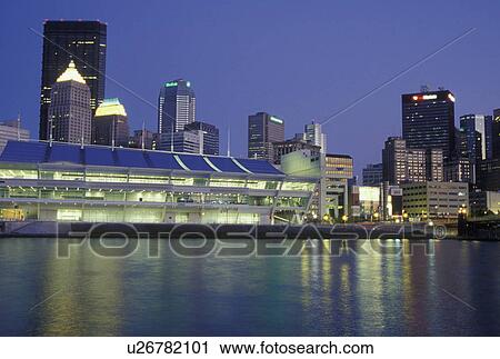 Stock Image -  PA, Pittsburgh, Pennsylvania, Convention Center, downtown, skyline, Allegheny River, evening. Fotosearch