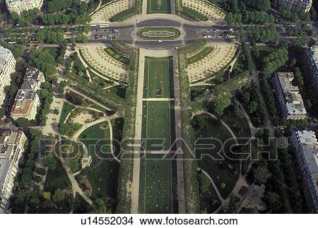 Paris, Ile de France, France, Europe, Aerial view of Parc du Champ de Mars in the city of Paris looking Southeast from the Eiffel Tower. View Large Photo Image Picture - Paris, Ile de France, France, Europe, Aerial view of Parc du Champ de Mars in the city of Paris looking Southeast from the Eiffel Tower.. Fotosearch