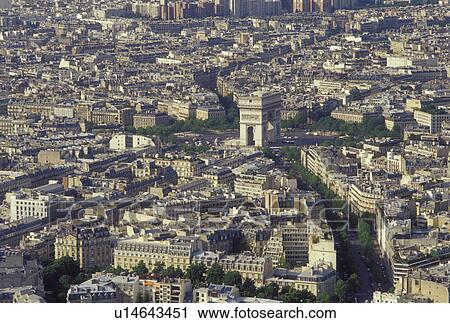 Stock Image -  Paris, Ile de France, France, Europe, Aerial view of the city of Paris and the Arc de Triomphe looking North from the Eiffel Tower.. Fotosearch