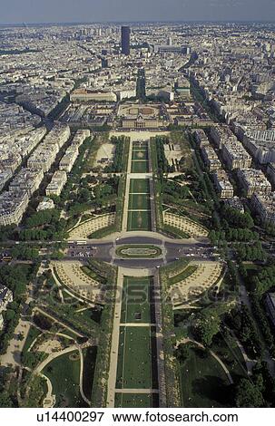 Paris, Ile de France, France, Europe, Aerial view of Parc du Champ de Mars in the city of Paris looking Southeast from the Eiffel Tower. View Large Photo Image Stock Photo - Paris, Ile de France, France, Europe, Aerial view of Parc du Champ de Mars in the city of Paris looking Southeast from the Eiffel Tower.. Fotosearch