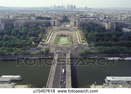 Stock Photo -  Paris, Ile de France, France, Europe, Aerial view of Jardins du Trocadero along the Seine River looking Northwest from the Eiffel Tower.. Fotosearch
