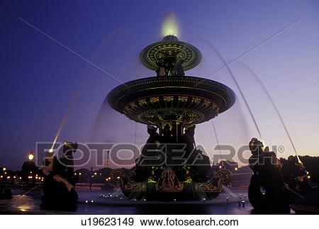 Paris, Ile de France, France, Europe, Fountain at Place de la Concorde in the city of Paris in the evening. View Large Photo Image Stock Photo - Paris, Ile de France, France, Europe, Fountain at Place de la Concorde in the city of Paris in the evening.. Fotosearch