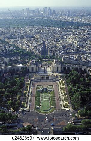Stock Photo -  Paris, Ile de France, France, Europe, Aerial view of the city of Paris and Jardins du Trocadero looking Northwest from the Eiffel Tower.. Fotosearch