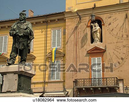 Parma, Emilia-Romagna, Italy, Europe, Statue and giant sundial in the Piazza Garibaldi in the city of Parma. View Large Photo Image Picture - Parma, Emilia-Romagna, Italy, Europe, Statue and giant sundial in the Piazza Garibaldi in the city of Parma.. Fotosearch