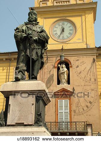 Parma, Emilia-Romagna, Italy, Europe, Statue and giant sundial in the Piazza Garibaldi in the city of Parma. View Large Photo Image Stock Image - Parma, Emilia-Romagna, Italy, Europe, Statue and giant sundial in the Piazza Garibaldi in the city of Parma.. Fotosearch