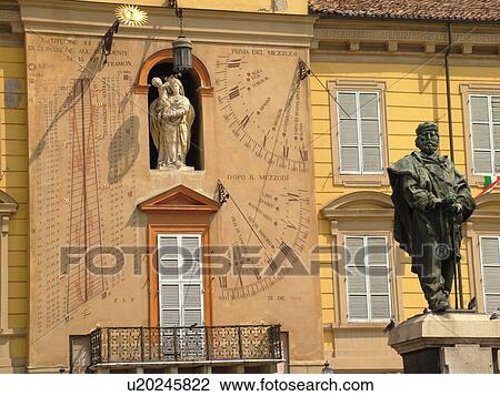 Parma, Emilia-Romagna, Italy, Europe, Statue and giant sundial in the Piazza Garibaldi in the city of Parma. View Large Photo Image Stock Image - Parma, Emilia-Romagna, Italy, Europe, Statue and giant sundial in the Piazza Garibaldi in the city of Parma.. Fotosearch