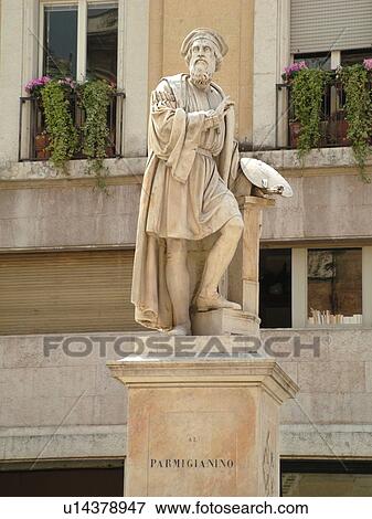 Stock Photo -  Parma, Emilia-Romagna, Italy, Europe, Statue of Artist Francesco Parmigianino in the city of Parma.. Fotosearch